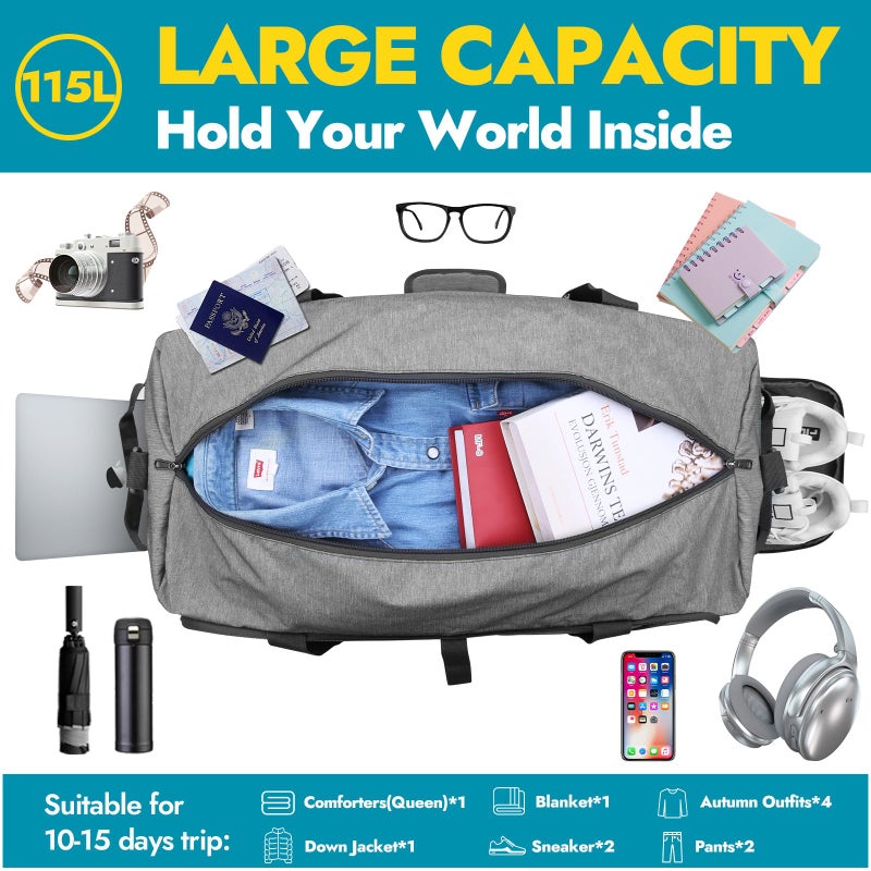 Canway 115L Travel Duffel Bag, Foldable Weekender Bag with Shoes Compartment for Men Women Water-proof & Tear Resistant - Image 3